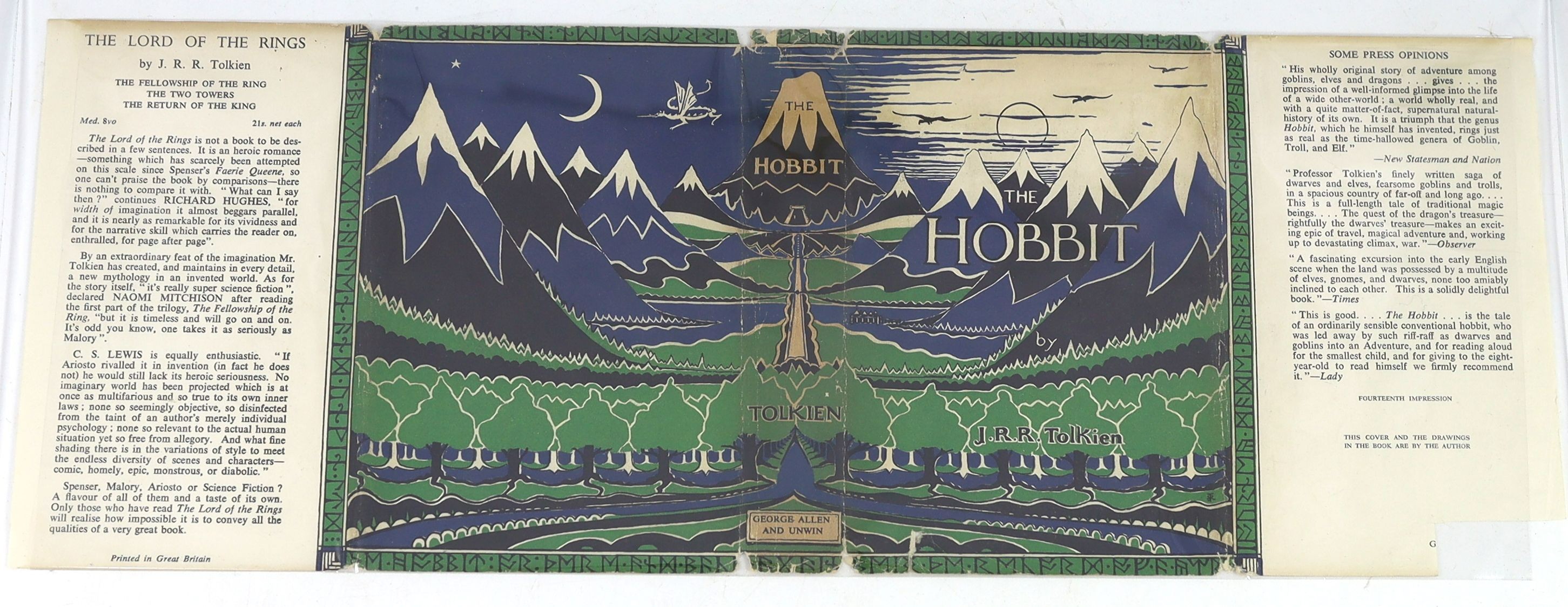Tolkien, John Ronald Reuel - The Hobbit, 2nd edition, 14th impression, with colour frontispiece, map endpapers, original green cloth in clipped d/j, spine with minor tears and loss, ownership inscription in red ink to fr